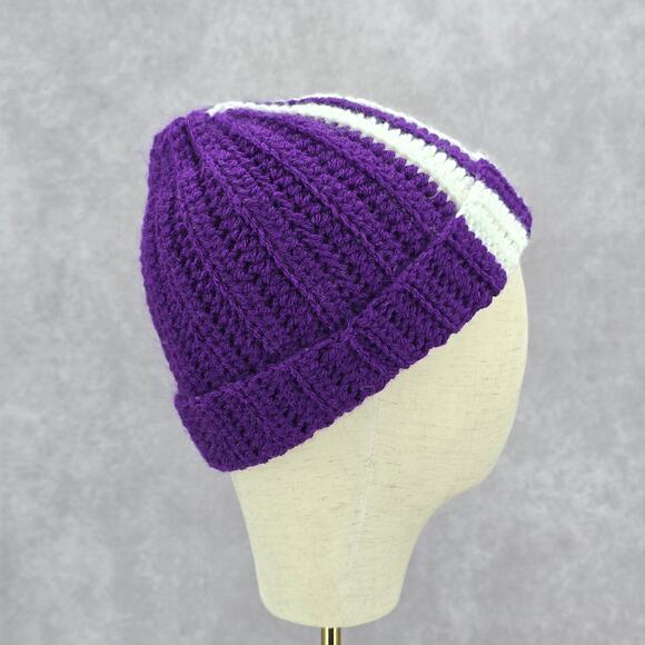 Purple White Stripe Crochet Knit Bucket Cap Hat Fun VTG Y2K Funky Beanie - Picture 1 of 4